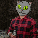 a man in a plaid shirt is holding a can of bud light