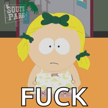 a cartoon character from south park is holding a cat and says " fuck "