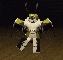 a cartoon character is standing on a wooden floor in a dark room