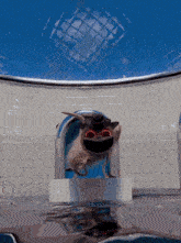 a cartoon character with red eyes is standing in a pool of water
