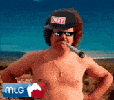 a shirtless man with a hat that says obey