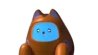 a cat shaped robot with a blue face and a red nose