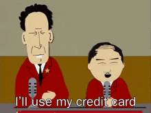 a cartoon says i 'll use my credit card in front of two men