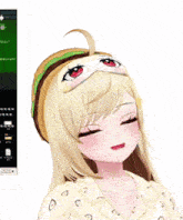 a girl wearing a hamburger hat and goggles is smiling