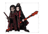 a drawing of a man holding a sword and a woman holding a long stick