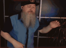 a man with a beard is wearing a hat with a skull on it