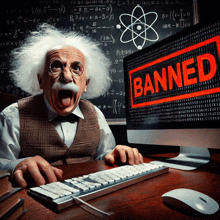 albert einstein is sitting in front of a computer with a banned sign on the screen