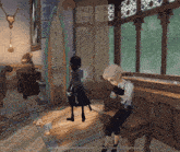 a couple of cartoon characters standing in a room with a window