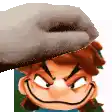 a hand is putting a hat on a cartoon character 's head and smiling .
