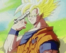 goku is holding a gun to his head .