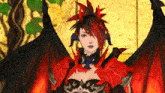 a woman with red hair and horns is wearing a red armor