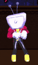 a pixel art drawing of a person with a toilet head holding a pair of scissors