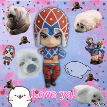 a picture of a cartoon character surrounded by seals with the caption love ya