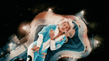 a woman in a blue and white suit is laying on a track