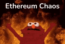 elmo from sesame street is standing in front of a fire with the words ethereum chaos written on the bottom .