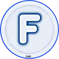 a white letter f in a blue circle with cmp below it