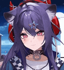 a close up of a girl with purple hair and a star on her forehead