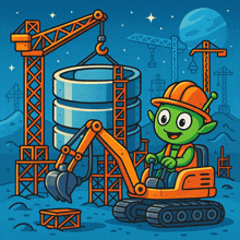 a cartoon illustration of a green alien driving an excavator at a construction site