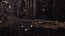 a purple glowing object is coming out of a hole in a wall