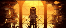 a cartoon character is sitting in front of a large window