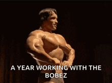 arnold schwarzenegger is a muscular man without a shirt and is running in the dark .