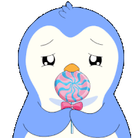 a penguin is holding a pink and blue lollipop