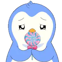 a penguin is holding a pink and blue lollipop