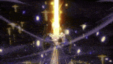 a person is holding a sword with a light coming out of it in a dark room .