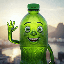 a green bottle with a cartoon face on it is waving