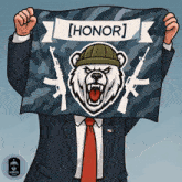 a cartoon of a man in a suit and tie holding a sign that says [ honor ]