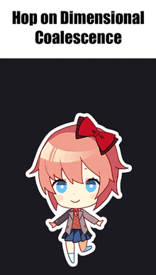 a sticker of a girl with the words hop on dimensional coalescence below it
