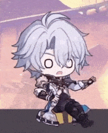 a chibi boy with white hair is sitting on a box in a video game .