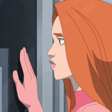 a cartoon of a woman with long red hair and a pink glove
