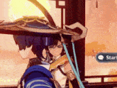 a character in a video game has a start button next to them