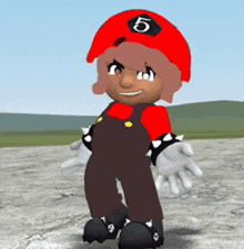a cartoon character wearing a red hat with a number 5 on it