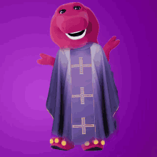 a purple barney mascot is wearing a purple robe with gold crosses