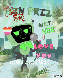 a cartoon character holding a microphone with the words " vee only loves star "