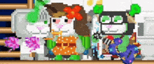 a group of pixel art animals are standing next to each other on a table .