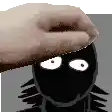 a hand is touching a cartoon character 's face with a black mask .