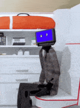 a cartoon character with a laptop on his head has the letter p on his face