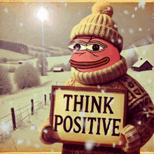 a person holding a sign that says " think positive "