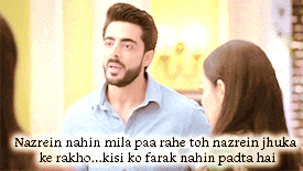 a man with a beard is talking to a woman with the words nazrein nahin mila paa