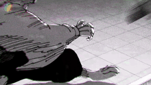 a black and white drawing of a person laying on a tile floor
