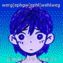 a pixel art drawing of a boy with blue hair and the words " werg [ephgw [ephl [wehlweg "