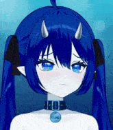 a girl with blue hair and horns is wearing a choker that says reimi