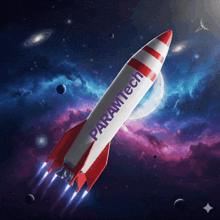 a rocket with the word paramtech on it is flying through space