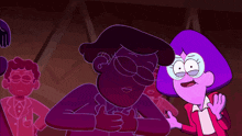 a group of cartoon characters including a man and a woman with purple hair