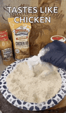 a bag of louisiana seasoned chicken fries is being poured into a bowl of flour