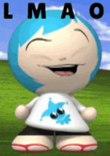 a cartoon character with blue hair is wearing a white shirt with a blue monster on it