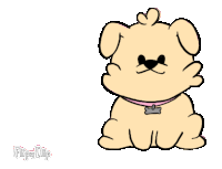 a cartoon drawing of a dog with a pink collar and a name tag